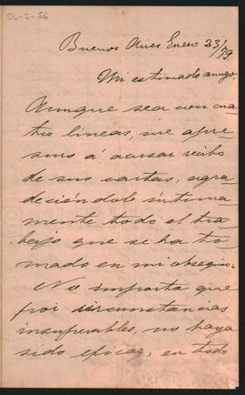Carta de W[enceslao] Escalante a Ovidio Lagos con fecha del 23 de enero de 1879