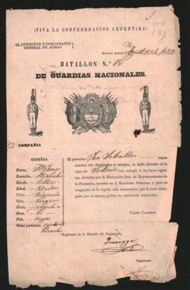 Documento expedido por el Inspector y Co­mandante General de armas, Casto Cáceres, referente a la filia­ ción personal del soldado José Zeballos