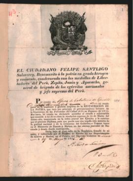 Diploma del Alférez Francisco Hernández, condecorado con escudo y sobresueldo por el pronunciamiento de la guarnición de las fortalezas del Callao