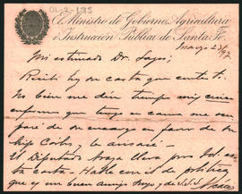 Carta de C. [J. J. cacerl] Ministro de Gobierno, Agricultura e Instrucción Pública de Santa Fe, a Ovidio A. Lagos enviada el 23 de mayo de 1897 desde Santa Fe