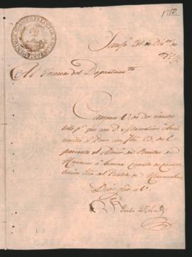 Orden de Juan Pardo de Zela y Vidal, al Tesorero del departamento