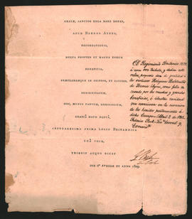 Dedicatoria firmada por el Teniente Co­ronel y Comandante del Regimiento Británico N° 71 Federico Pack, a los religiosos Bethlemitas de Buenos Aires