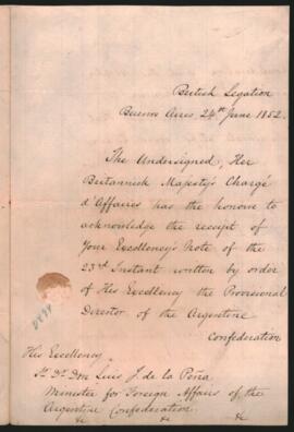 Nota del Encargado de Negocios de Gran Bretaña, Roberto Gore, al Ministro de Relaciones Exte­riores de la Confederación, Luis José de la Peña,