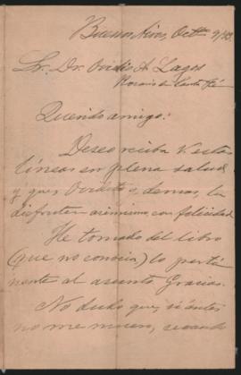 Carta de Carlos Mathon a Ovidio A. Lagos enviada desde Buenos Aires el 9 de octubre de 1893