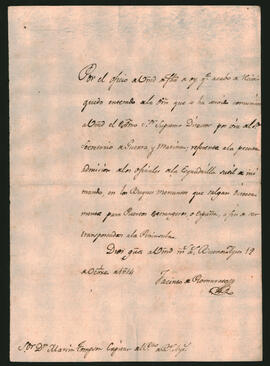 Nota de Jacinto de Romarate, al capitán del puerto de Buenos Aires Martín Tompson, por el que queda notificado de la orden anterior