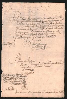 Recibo extendido por el Gobernador de Trujillo Juan Antonio Alvarez de Arenales, a Juan Fani