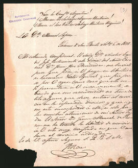 Carta de Juan Ortiz de Rosas a Manuel López, solicitándole la libertad de Victor Esquibel
