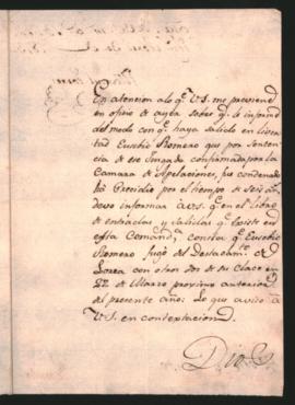 Informe de Manuel Torres al Alcalde de 1er. voto Joaquín Cayetano Belgrano, sobre la condena de Ensebio Romero