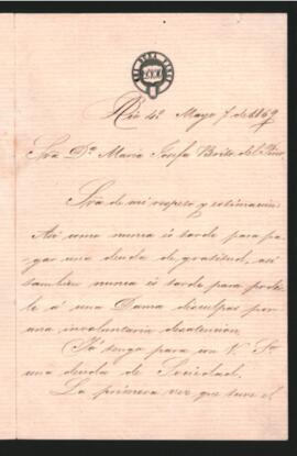 Carta del General Lucio V. Mansilla a María Josefa Brito del Pino,