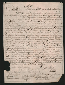 Acta refrendada por José María de Pinedo, Teniente Coronel de Marina de la República Argentina y Comandante de la goleta de guerra Sarandy, dando posesión del mando político y militar del establecimiento de Malvinas e islas adyacentes y costa de Patagones, al comandante Esteban José Francisco Mestivier.