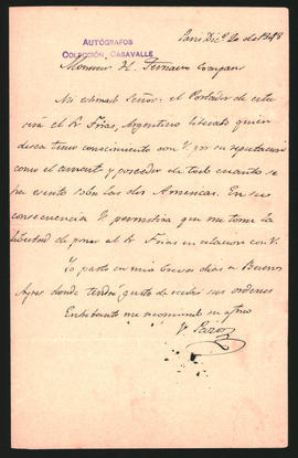 Nota de Vicente Pazos Silva a H. F. Compan, presentando al señor M. Frías