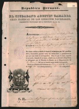 Despacho extendido por el Presidente provi­sorio del Perú Agustín Gamarra, nombrando a José Cosío Sar gento Mayor de Infantería.