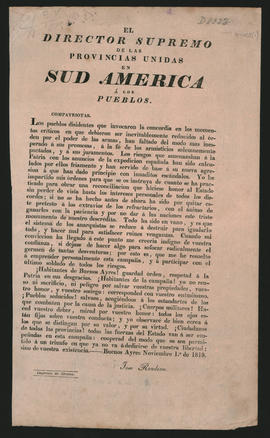 Proclama del Director Supremo de las Provincias Unidas en Sud América, General José Rondeau, a los pueblos, instándolos a cooperar con las fuerzas del Estado,