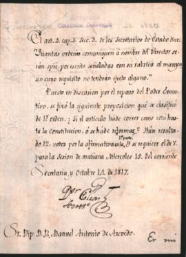 Nota del Secretario del Congreso General, Doctor José Eugenio de Elías, al diputado Manuel Antonio de Acevedo,